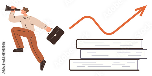 Man holding megaphone and briefcase, climbing on books under rising arrow. Ideal for leadership, education, career growth, vision, business strategy, achievement goal setting. Simple flat metaphor