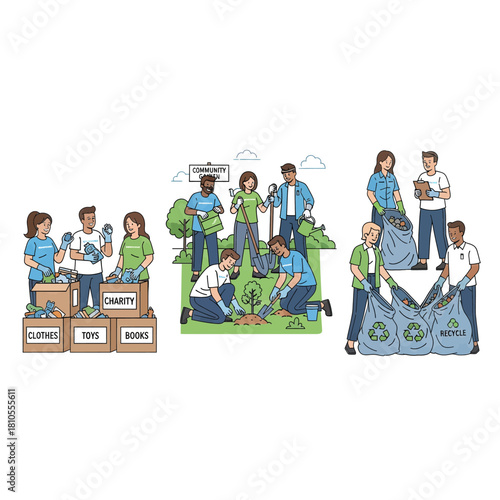 Illustration of people volunteering for charity, community service, and recycling.