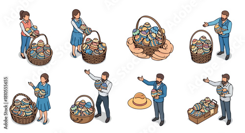 Easter eggs and baskets with people celebrating