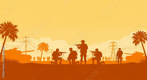 soldiers and military tanks amidst palm trees under a dramatic orange sky