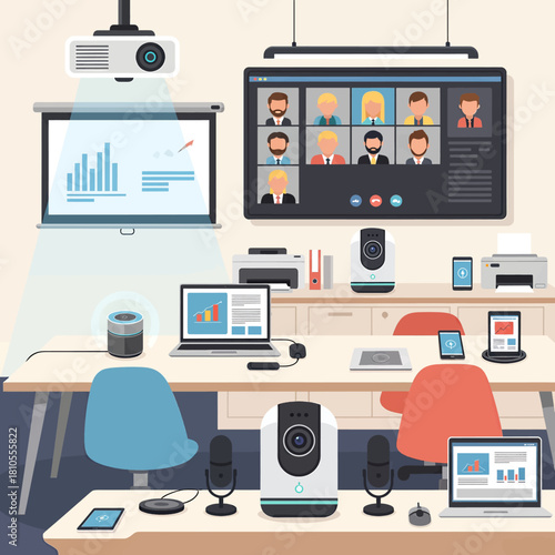 Modern office space equipped for video conferencing and presentations, showcasing technology.