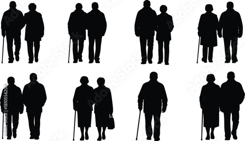 Elderly Couple and Senior Silhouette Vector Set, Old Man and Woman Walking with Cane Icons, Black Flat Drawing of Aged People Assistance and Grandparents Graphics