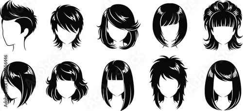 Modern Hairstyle Icon Vector Set, Trendy Women and Men Haircut Black Flat Drawing, Sleek Wig Graphics for Beauty Salon and Fashion Style Design