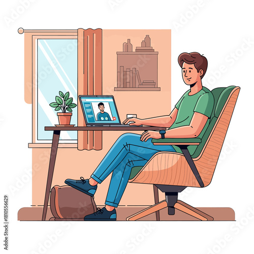 Man working remotely from home, participating in a video call on his laptop, sitting comfortably in a modern chair.