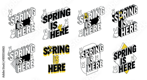 Spring is here lettering with bunnies and floral elements