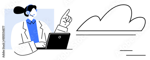 Female customer support agent with headset working on a laptop, gesturing toward a cloud icon. Ideal for cloud computing, technical support, customer service, online help, teamwork, IT solutions