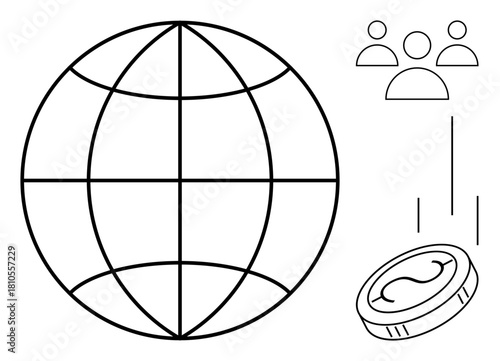 Globe symbol representing worldwide connectivity, three people icons denoting teamwork, and a falling coin for financial growth. Ideal for global trade, economics, teamwork, networking, finance