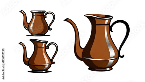 Antique ceramic jug set, old porcelain container with brown handle isolated on white