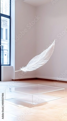 A large, white feather is suspended in mid-air above a clear acrylic display box, set against a backdrop of a bright, minimalist room with a large window.
