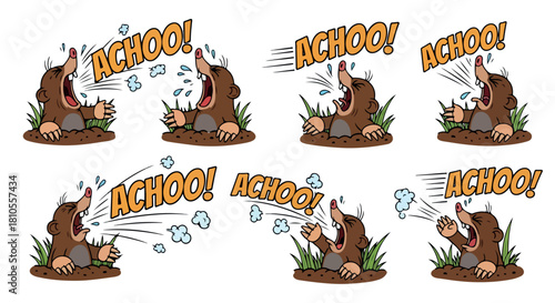 Mole character sneezing with grass and dirt