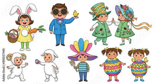 Children in Easter costumes with baskets and props
