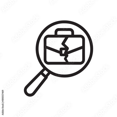 Job loss and career change concept illustrated with a broken briefcase under a magnifying glass on white background outline line art