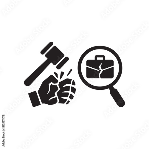Justice system examines broken career dreams with a gavel and a magnifying glass metaphor symbolizing legal battles and unemployment silhouette