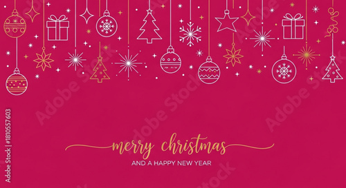 Merry Christmas and Happy New Year background, greeting card, poster, holiday cover . Christmas background with hanging icons and greetings. Festive decoration. Vector . Christmas card 