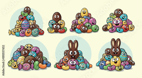 Easter eggs and bunnies pile up cheerful springtime scene