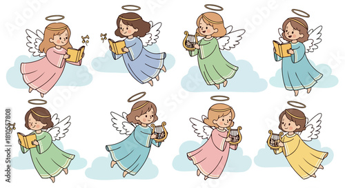 Angels singing and playing instruments in clouds