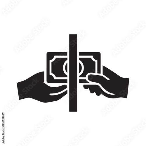 Money exchange vector icon depicting hands passing cash through a barrier representing secure financial transactions and monetary transfers silhouette