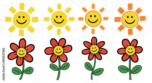 Smiling sun and flower icons with transparent background