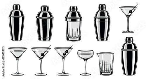 Cocktail shakers and glasses set with transparent background