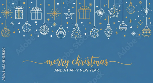 Merry Christmas and Happy New Year background, greeting card, poster, holiday cover . Christmas background with hanging icons and greetings. Festive decoration. Vector .