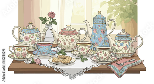 Floral tea set on table with window background