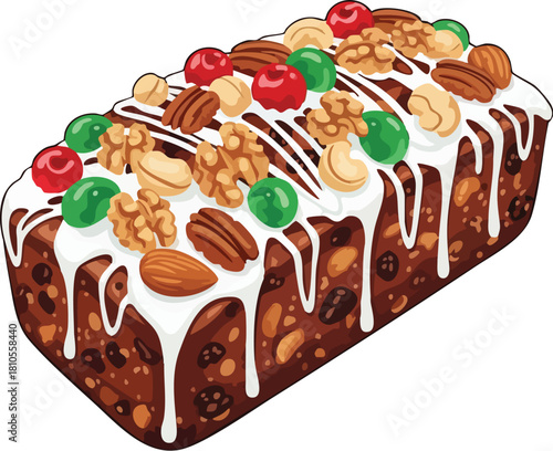 A traditional fruitcake with white icing, nuts, and colorful cherries on top, against a clean white background.
