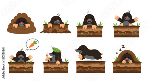 Moles popping out of ground in various poses