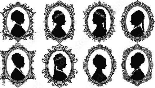 Elegant vintage silhouette portrait collection featuring ornate decorative oval frames, classic Victorian style profiles, detailed black illustrations for retro artwork and design projects