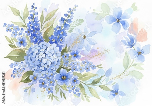 Watercolor illustration of a beautiful arrangement of blue flowers, including hydrangeas and other floral elements.