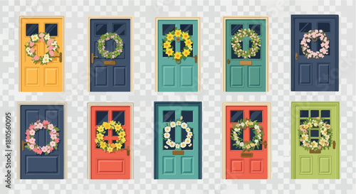 Doors with wreaths in various colors with transparent background