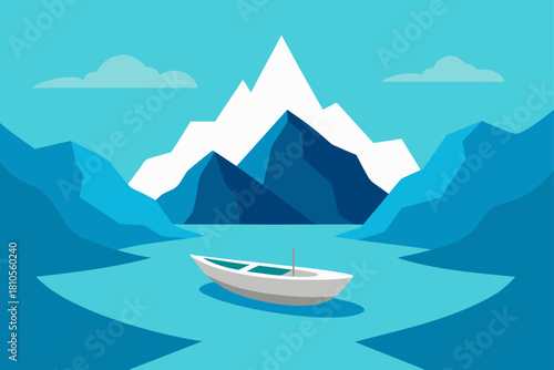 Serene boat sailing on calm water with majestic mountains and clouds