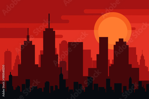 Flat design cityscape silhouette against a vibrant red sunset with a large orange sun