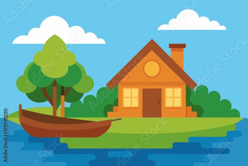 Cozy lakeside cabin with boat and tree under blue sky