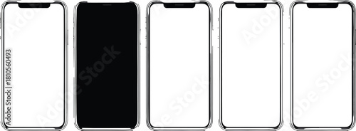 Minimalist vector illustration of five modern smartphone frames in clean lineup arrangement, showcasing sleek bezel design, blank screen layout, 