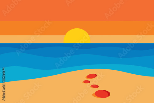 Footprints in the sand leading to the ocean at sunset