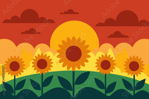 Stylized sunflowers blooming against a vibrant sunset sky