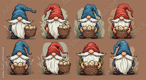 Gnomes with baskets of mushrooms, whimsical fairytale characters