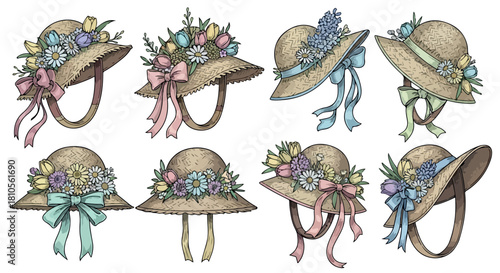 Floral straw hats with ribbons and flowers