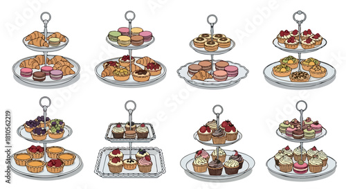 Assorted pastries and desserts on tiered serving trays