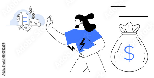 Woman holding stomach, hand gesturing rejection to dairy, fish, bread, cheese with focus on financial issues. Ideal for health, allergy awareness, wellness, diet money management nutrition