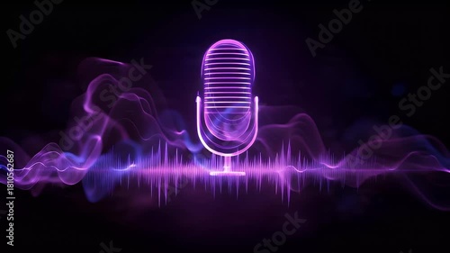 Neon glowing microphone icon with pulsing sound waves audio visualization