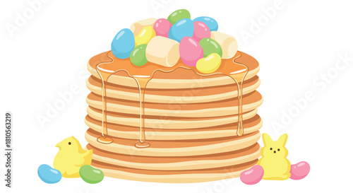 Stack of pancakes with syrup and easter treats