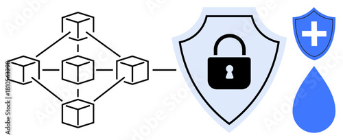 Blockchain structure linked to lock on shield, signifying security and data protection. Adjacent shield with healthcare cross and water drop. Ideal for cybersecurity, data privacy, healthcare