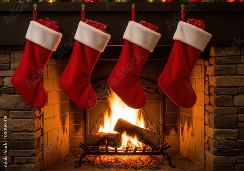Four red christmas stockings hanging above a roaring fireplace