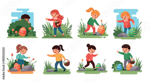 Children searching for Easter eggs in a garden