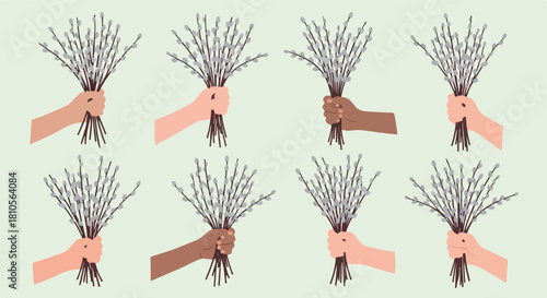 Hands holding willow branches, diverse skin tones