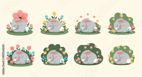 Sleeping rabbits surrounded by flowers in springtime