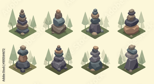 Stacked stones in forest landscape isometric view