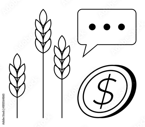 Three wheat stalks, circular coin with dollar sign, simple speech bubble with dots. Ideal for farming, economics, sustainability, trade, food security agribusiness communication. Simple flat