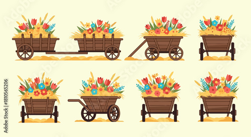 Wooden carts filled with flowers and wheat